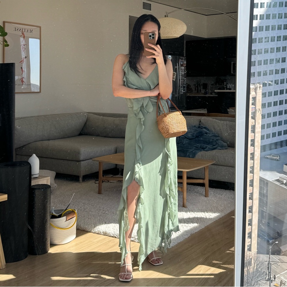 Zara Sage Green Ruffle Maxi Dress - XS